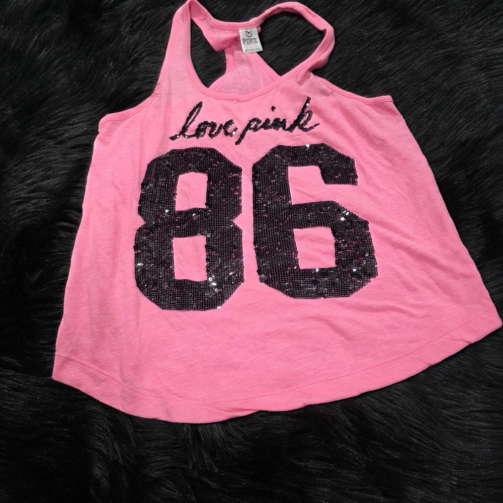 PINK Victoria's Secret Womens  Tank Top - Bright Pink with Black Sequins